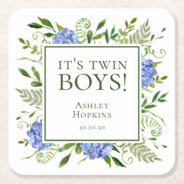 Twin Boys Blue Hydrangeas Boy Baby shower Kartonnen Onderzetters
