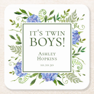 Twin Boys Blue Hydrangeas Boy Baby shower Kartonnen Onderzetters