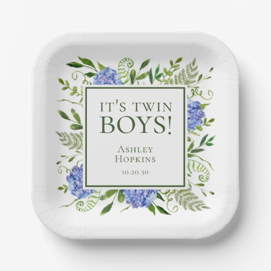 Twin Boys Blue Hydrangeas Boy Baby shower Papieren Bordje (Voorkant)