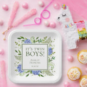 Twin Boys Blue Hydrangeas Boy Baby shower Papieren Bordje (Feest)
