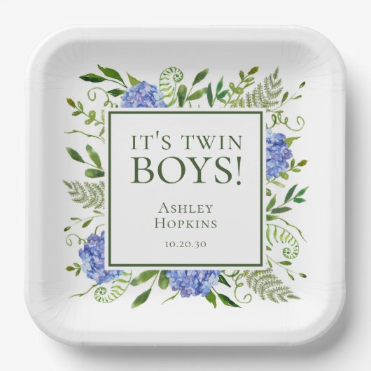 Twin Boys Blue Hydrangeas Boy Baby shower Papieren Bordje (Voorkant)