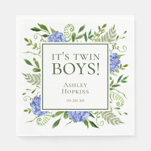 Twin Boys Blue Hydrangeas Boy Baby shower Servet (Voorkant)