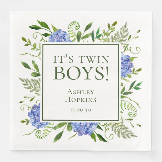 Twin Boys Blue Hydrangeas Boy Baby shower Servet (Voorkant)