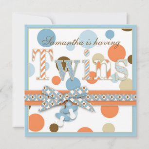 TWIN BOYS Blue Oranje Brown Stip Baby shower Kaart