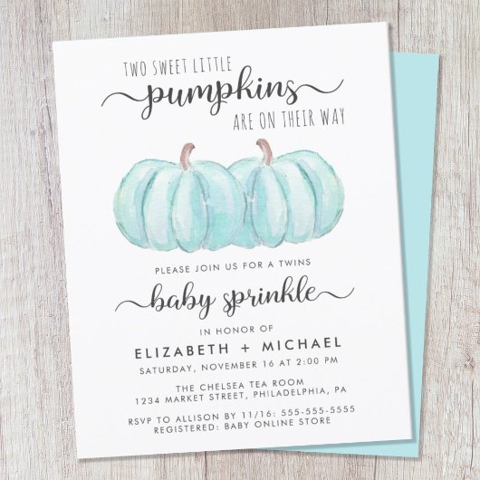 Twin Boys Blue Pumpkin Baby Sprinkle Invitation