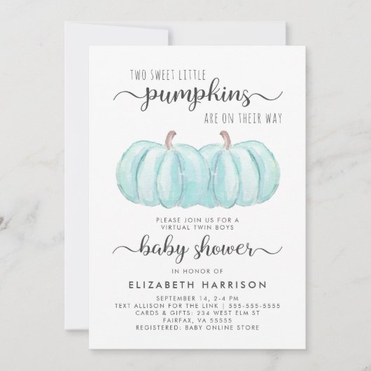 Twin Boys Blue Pumpkin Virtual Baby shower Kaart (Voorkant)