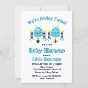 Twin Boys Blue Robot Baby shower Kaart