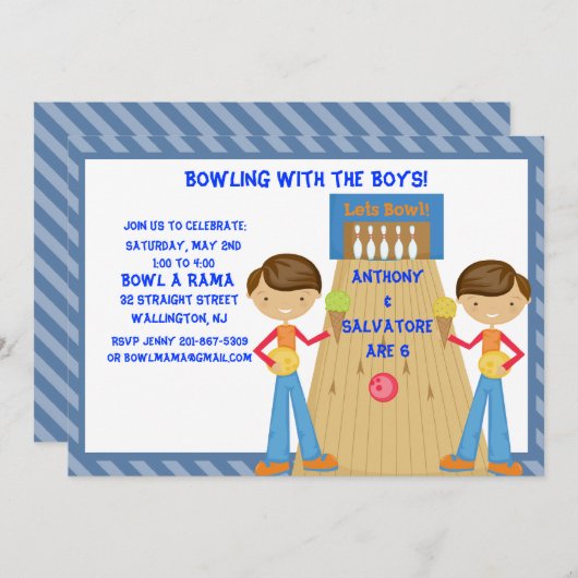 Twin Boys Bowling Birthday Party Invitation Kaart (Voorkant / Achterkant)
