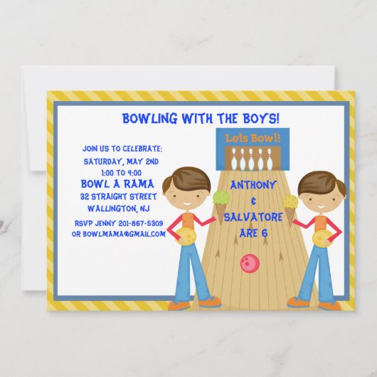 Twin Boys Bowling Birthday Party Invitation Kaart (Voorkant)