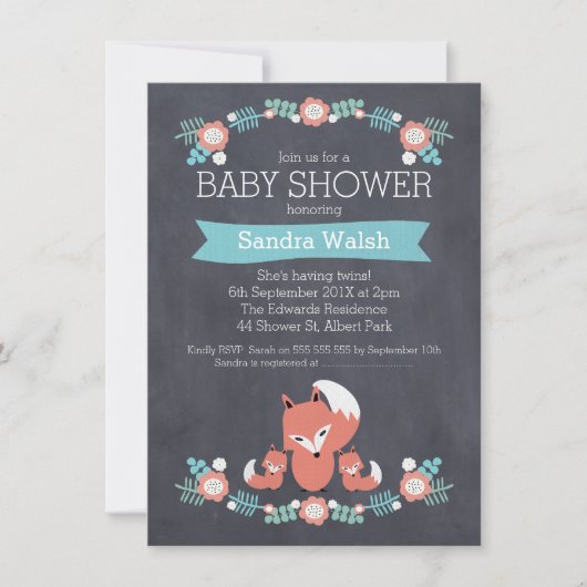 Twin Boys Chalkboard Fox Baby shower Invitation Kaart (Voorkant)