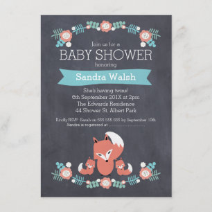 Twin Boys Chalkboard Fox Baby shower Invitation Kaart