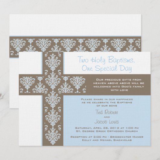 Twin Boys Christening Uitnodiging (Voorkant / Achterkant)