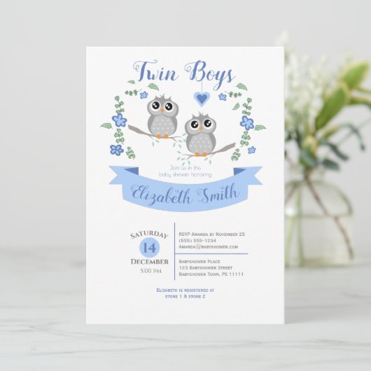 Twin Boys Cute owls babyshower Kaart (Staand voorkant)