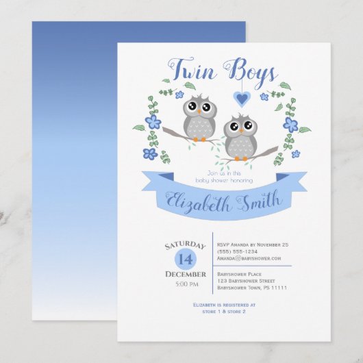 Twin Boys Cute owls babyshower Kaart (Voorkant / Achterkant)