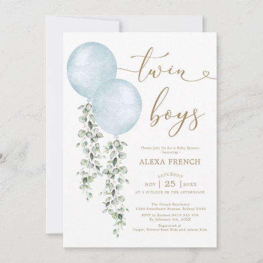 Twin Boys Dusty Blue Balloon Greenery Baby shower Kaart (Voorkant)