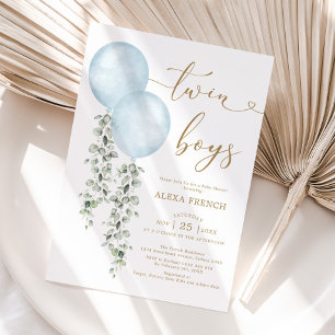 Twin Boys Dusty Blue Balloon Greenery Baby shower Kaart