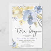 Twin boys Dusty blue yellow floral baby shower Kaart (Voorkant)