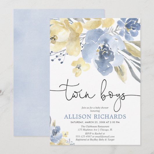 Twin boys Dusty blue yellow floral baby shower Kaart (Voorkant / Achterkant)