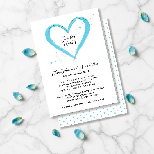 Twin Boys Elegant Modern Blue Heart Baby shower Kaart