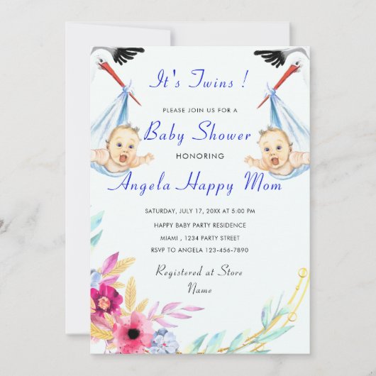 Twin Boys Funny Stork Baby shower Invitation (Voorkant)