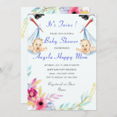Twin Boys Funny Stork Baby shower Invitation (Voorkant / Achterkant)