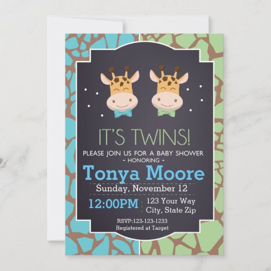 Twin Boys Giraffe Baby shower uitnodiging (Voorkant)