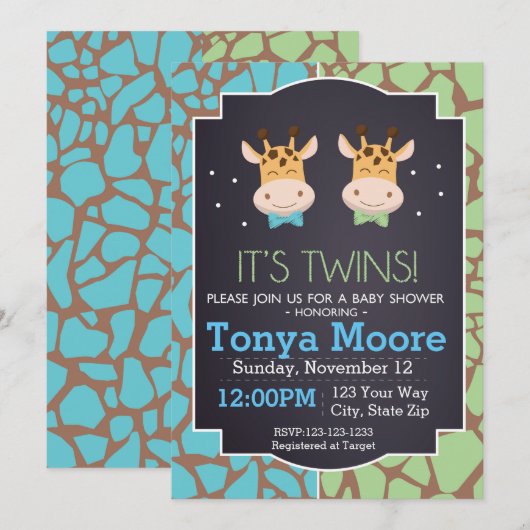Twin Boys Giraffe Baby shower uitnodiging (Voorkant / Achterkant)