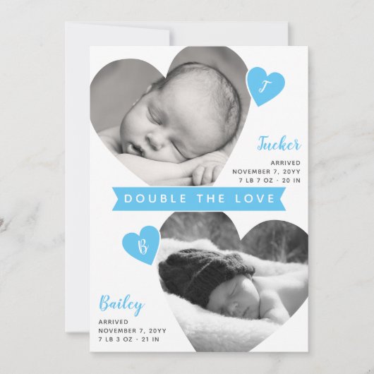 Twin Boys Heart Lijsten Blue Photo Collage Birth Aankondiging (Voorkant)