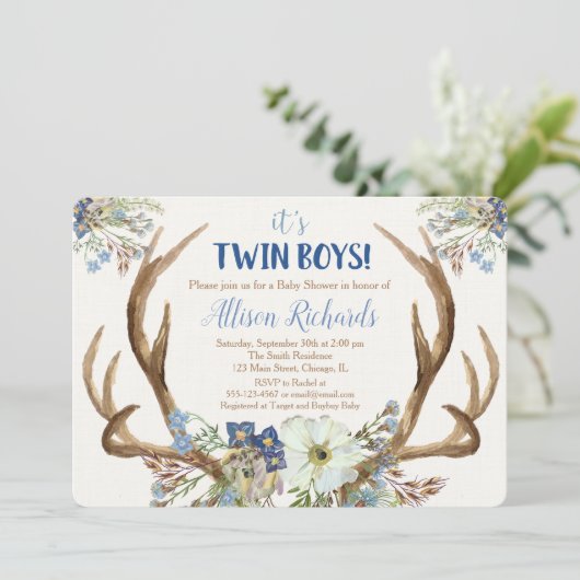 Twin boys hertengewei baby shower uitnodiging (Staand voorkant)