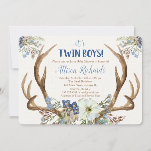 Twin boys hertengewei baby shower uitnodiging (Voorkant)