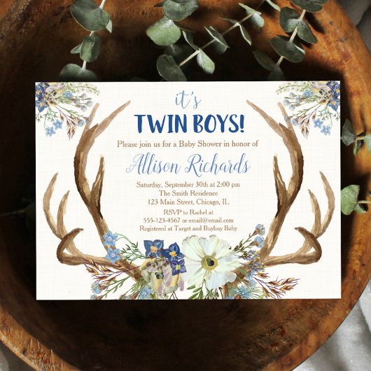 Twin boys hertengewei baby shower uitnodiging