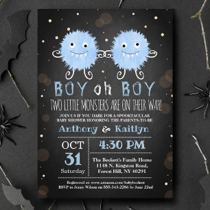 Twin Boys "Little Monsters" Halloween Baby shower Kaart