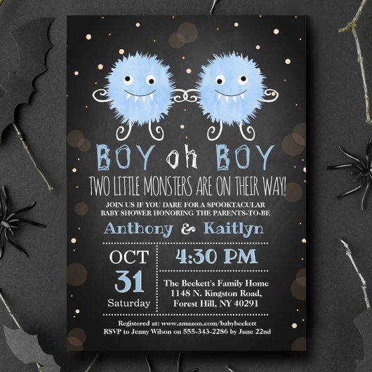 Twin Boys "Little Monsters" Halloween Baby shower Kaart