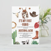 Twin Boys Mijn Eerste Rodeo Cowboy 1e Verjaardag Kaart (Staand voorkant)