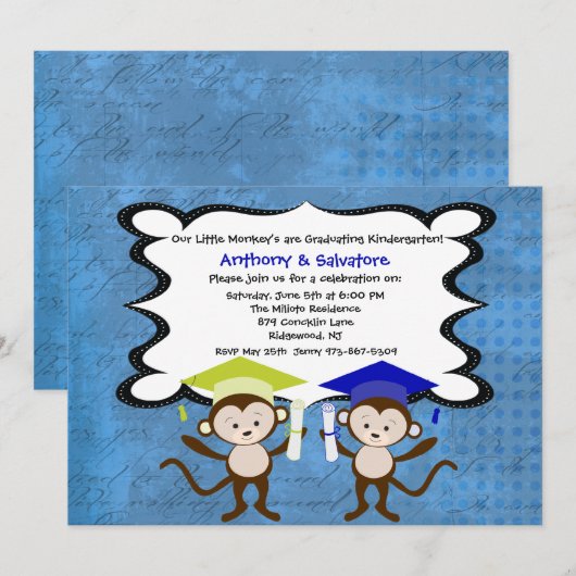 Twin Boys Monkeing Around Afstuderen Invitation Kaart (Voorkant / Achterkant)