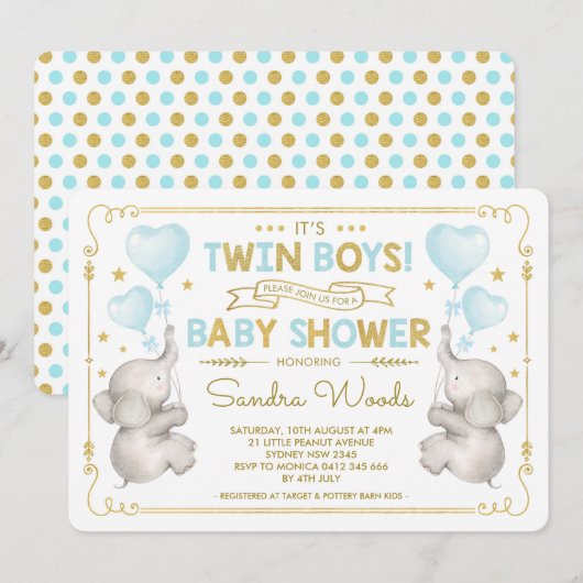 Twin Boys Olifant Baby shower Blauw Goud Oerwoud Kaart (Voorkant / Achterkant)