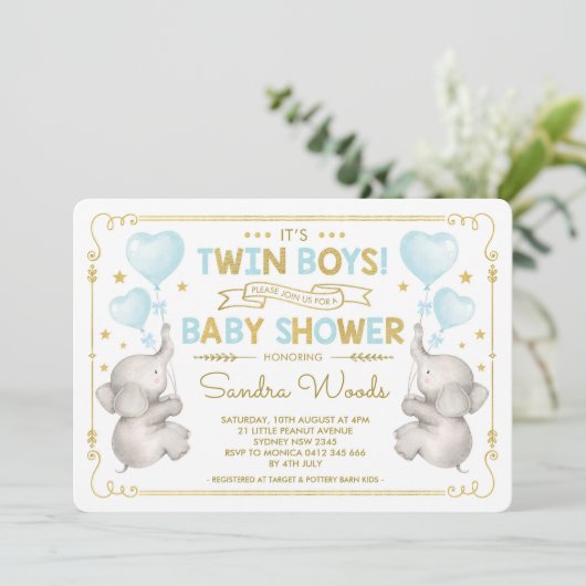 Twin Boys Olifant Baby shower Blauw Goud Oerwoud Kaart (Staand voorkant)