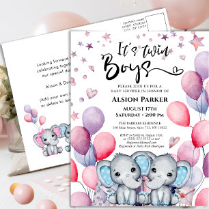 Twin Boys Olifant Blue Balloons Leuk Baby shower Uitnodiging Briefkaart