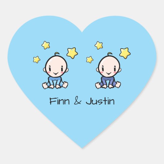 Twin Boys, Own Text, Blue, Custom Twin Babies  Hart Sticker (Voorkant)