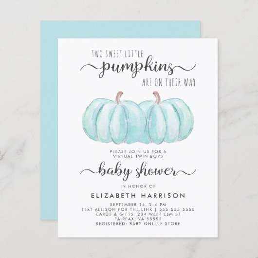 Twin Boys Pompoen Virtual Baby shower Uitnodiging (Voorkant / Achterkant)