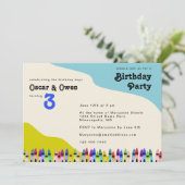 Twin Boys Retro 70's Floral Birthday Party Kaart (Staand voorkant)