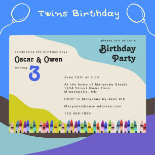 Twin Boys Retro 70's Floral Birthday Party Kaart