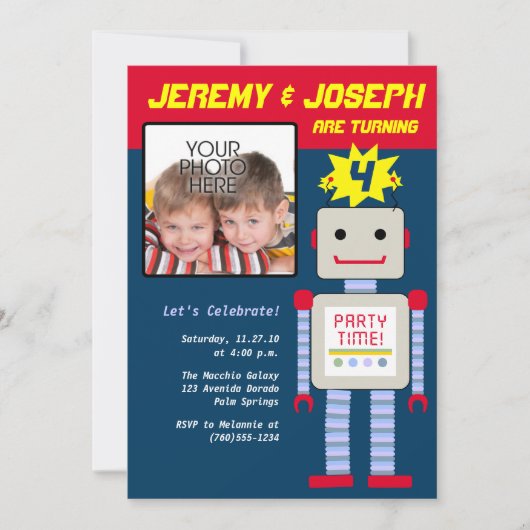 Twin Boys, Robot Birthday Kaart (Voorkant)