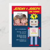 Twin Boys, Robot Birthday Kaart (Voorkant / Achterkant)