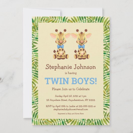 Twin Boys Safari Giraffe Cute Baby shower Kaart (Voorkant)