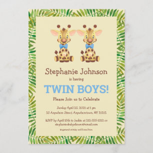 Twin Boys Safari Giraffe Cute Baby shower Kaart