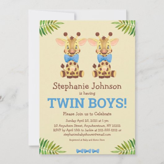 Twin Boys Safari Giraffe Cute Baby shower Kaart (Voorkant)
