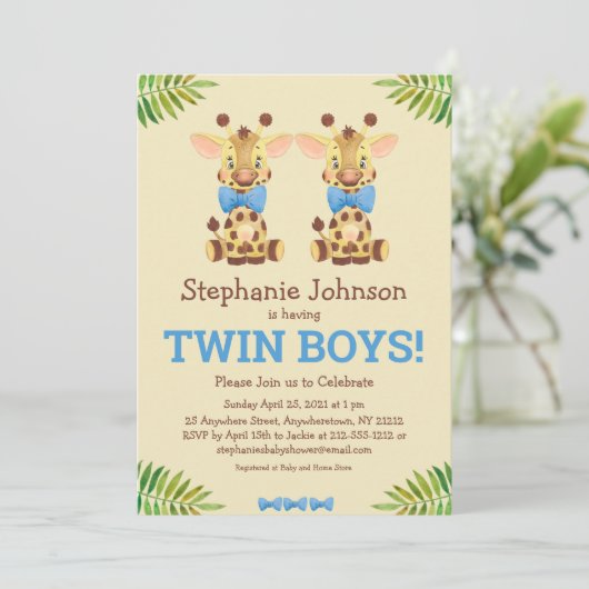 Twin Boys Safari Giraffe Cute Baby shower Kaart (Staand voorkant)