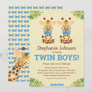 Twin Boys Safari Giraffe Cute Baby shower Kaart