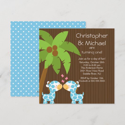 Twin Boys Safari Oerwoud Giraffe Kind Birthday Kaart (Voorkant / Achterkant)